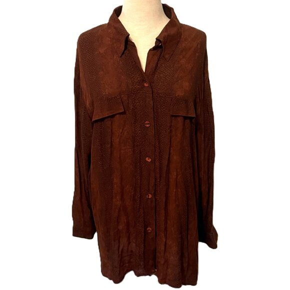CM Shapes Brown Long Sleeve Printed Button Up Womens Shirt Top 1X 90s Y2K - Picture 1 of 8